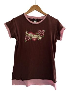 y2k harley davidson rose graphic baby tee brown pink biker babe